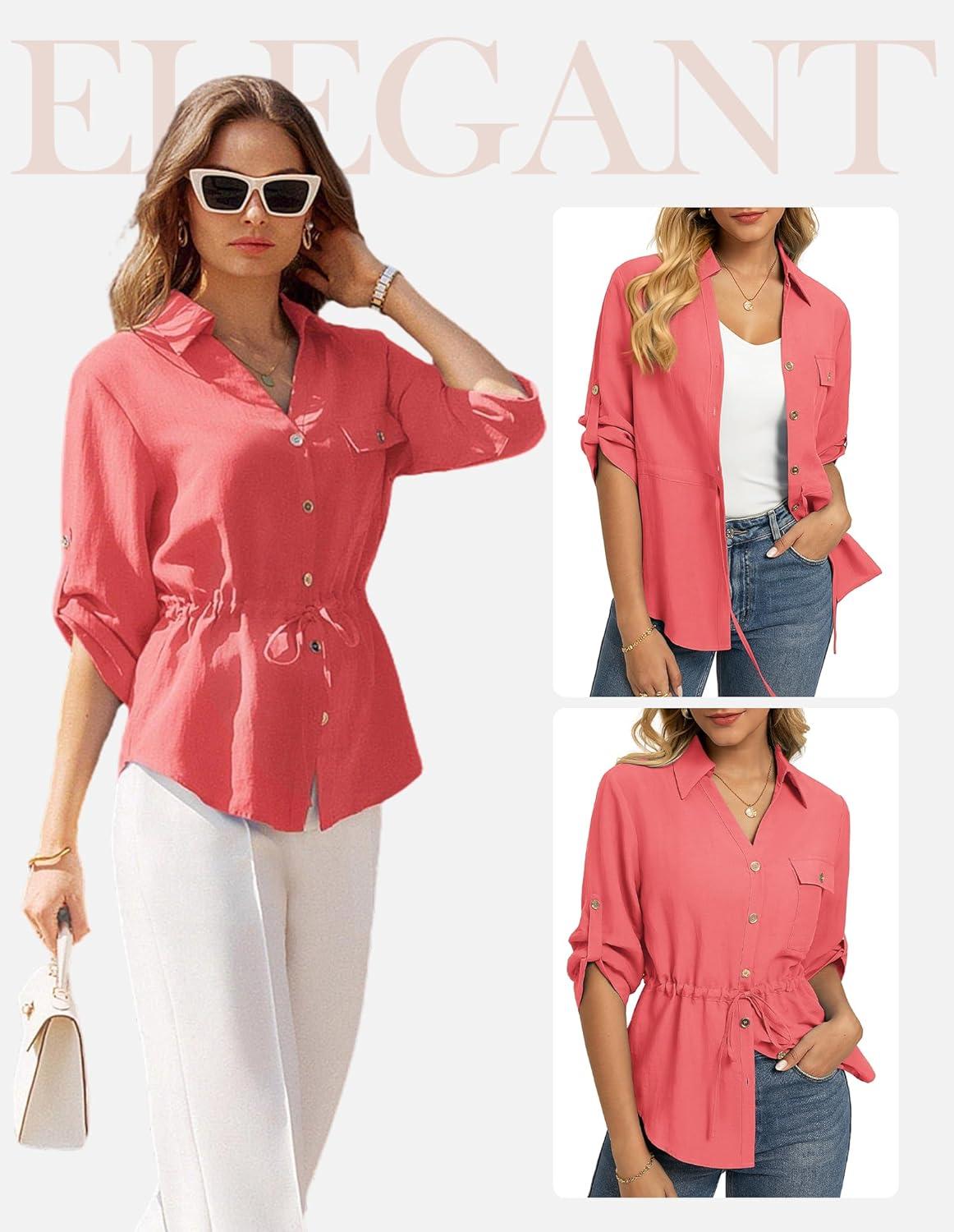 imageGRACE KARIN Womens Button Down Dressy Shirts 34 Sleeve Stylish Collared Office Work Tops with PocketCoral Powder