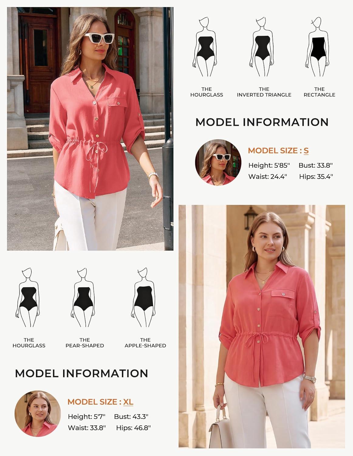 imageGRACE KARIN Womens Button Down Dressy Shirts 34 Sleeve Stylish Collared Office Work Tops with PocketCoral Powder