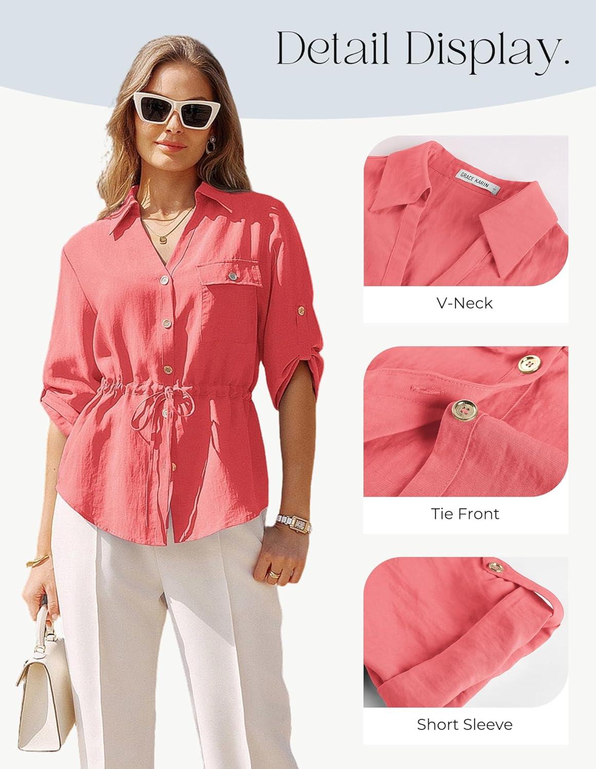 imageGRACE KARIN Womens Button Down Dressy Shirts 34 Sleeve Stylish Collared Office Work Tops with PocketCoral Powder