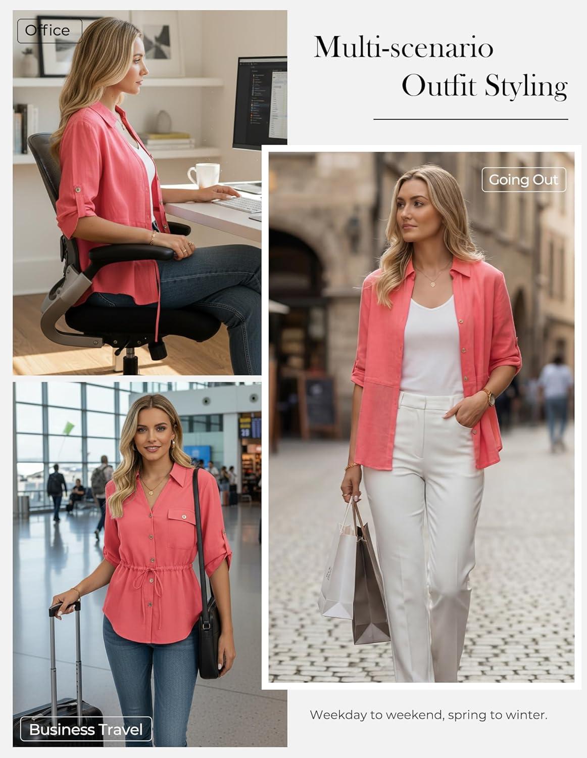 imageGRACE KARIN Womens Button Down Dressy Shirts 34 Sleeve Stylish Collared Office Work Tops with PocketCoral Powder