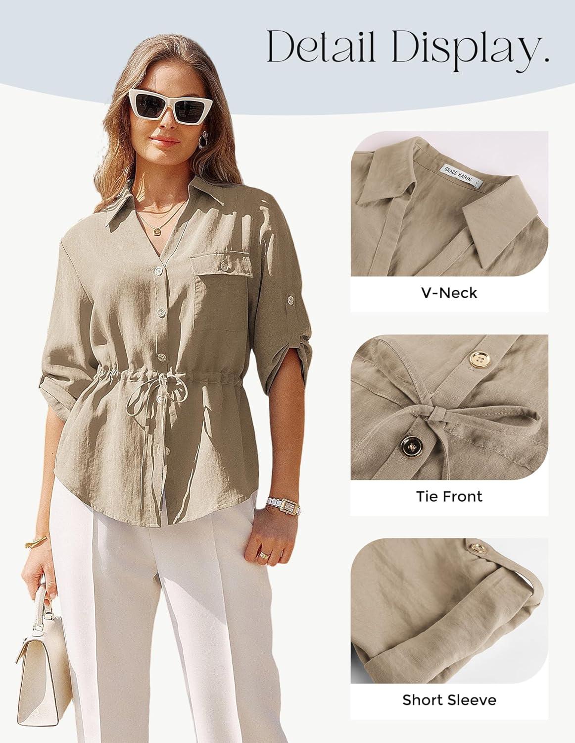 imageGRACE KARIN Womens Button Down Dressy Shirts 34 Sleeve Stylish Collared Office Work Tops with PocketKhaki