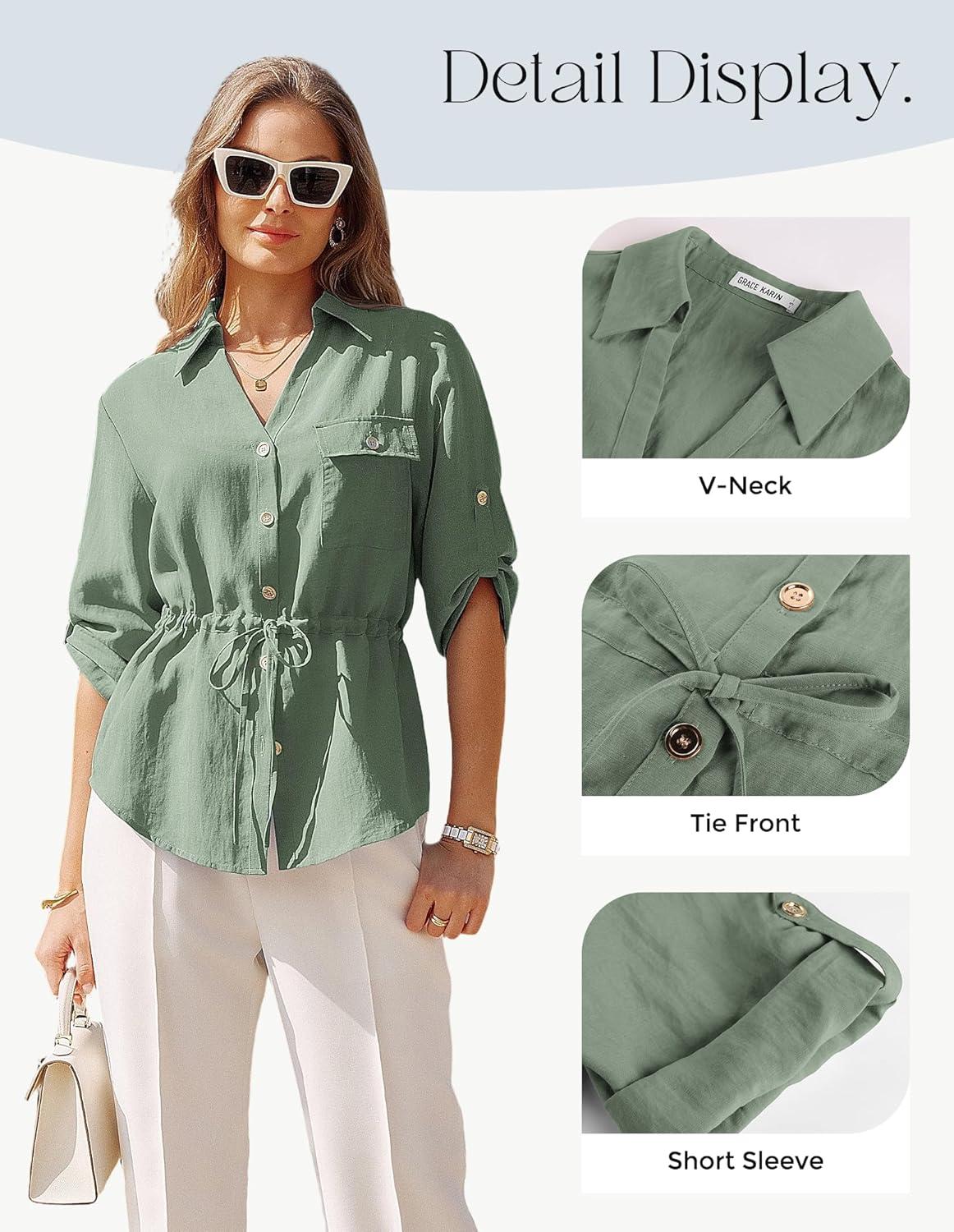 imageGRACE KARIN Womens Button Down Dressy Shirts 34 Sleeve Stylish Collared Office Work Tops with PocketLight Green