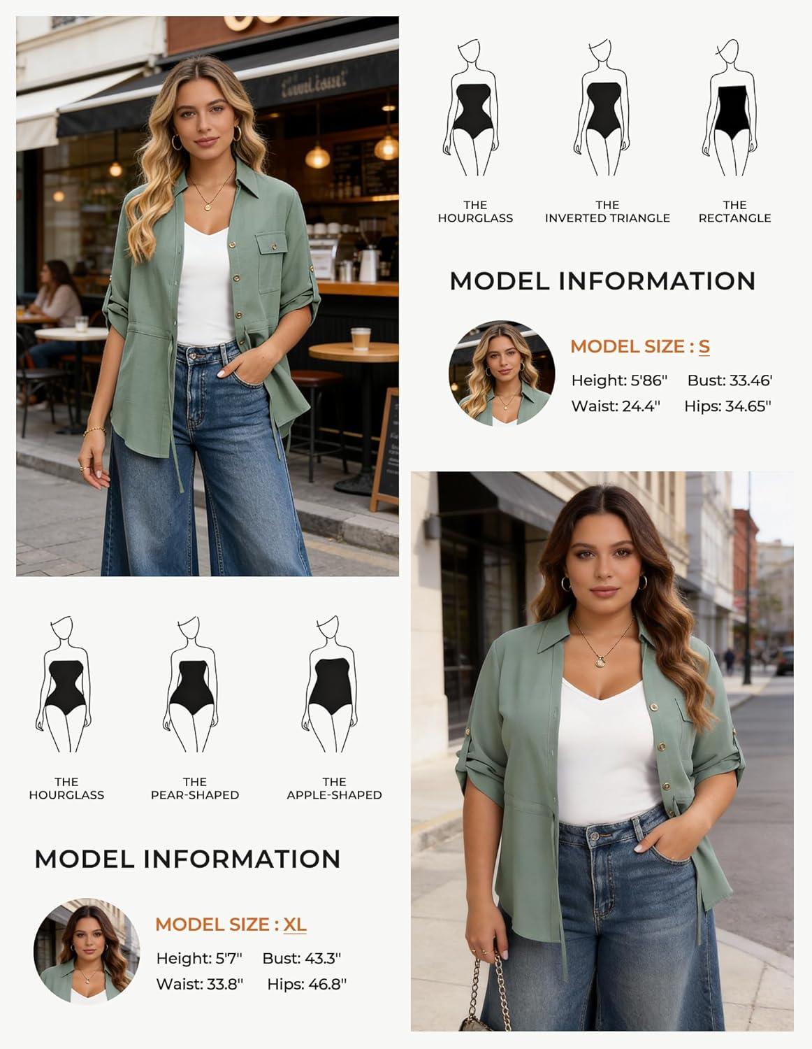 imageGRACE KARIN Womens Button Down Dressy Shirts 34 Sleeve Stylish Collared Office Work Tops with PocketLight Green