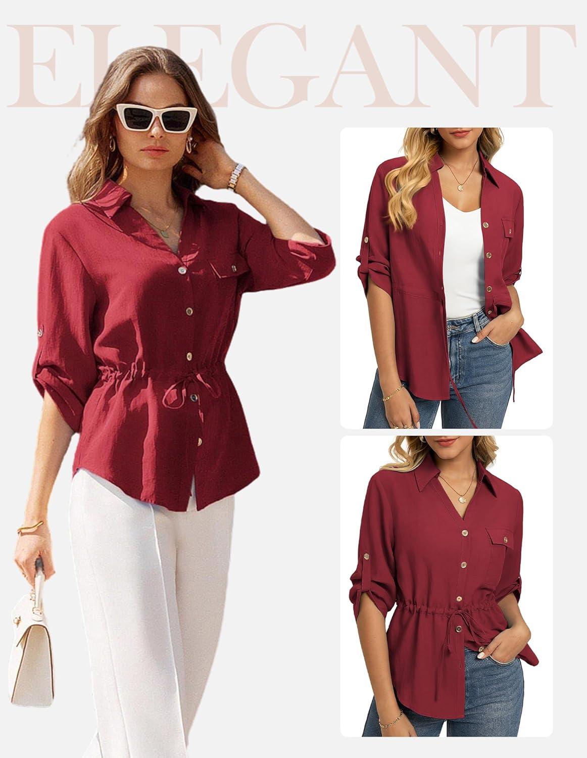 imageGRACE KARIN Womens Button Down Dressy Shirts 34 Sleeve Stylish Collared Office Work Tops with PocketWine Red