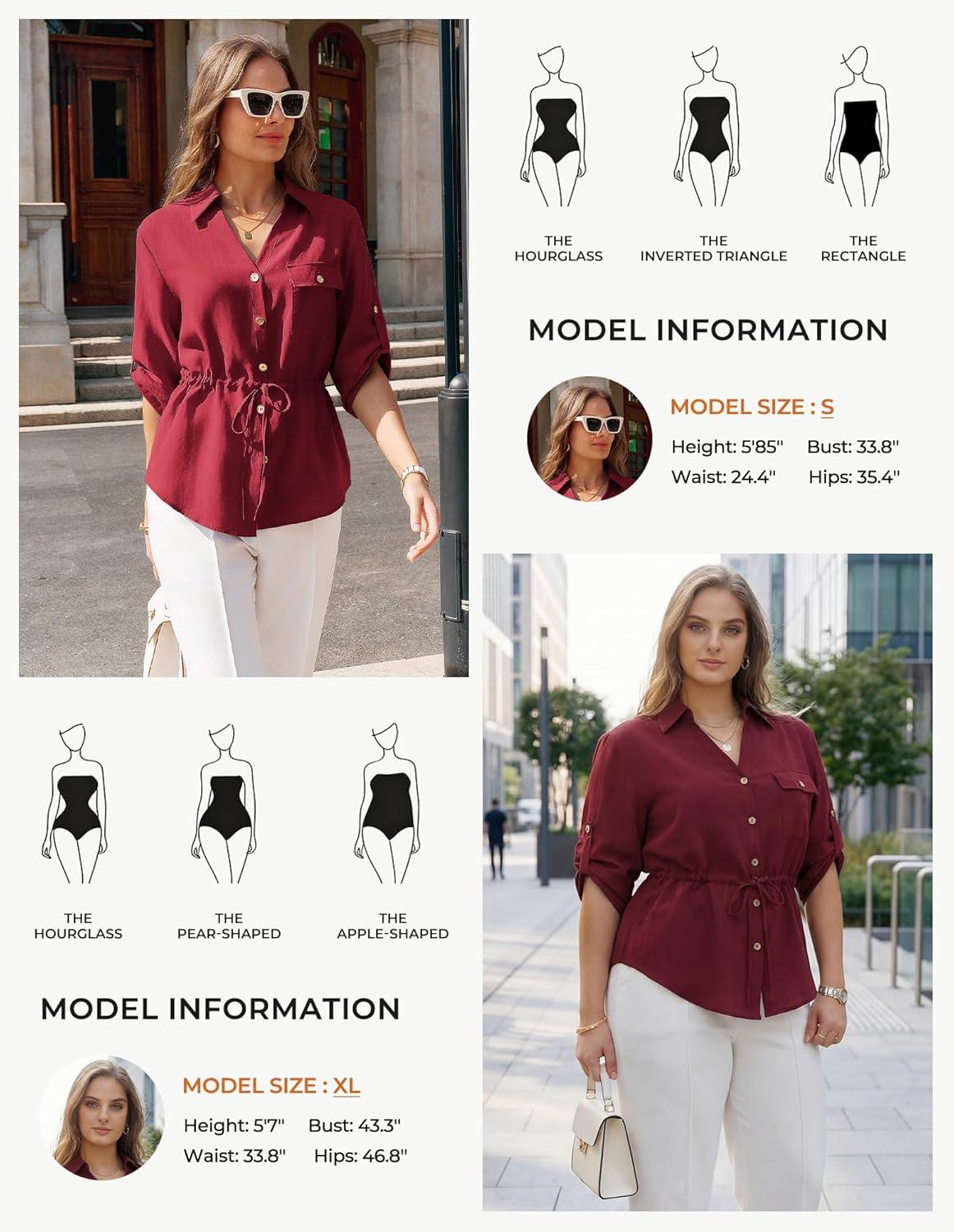 imageGRACE KARIN Womens Button Down Dressy Shirts 34 Sleeve Stylish Collared Office Work Tops with PocketWine Red