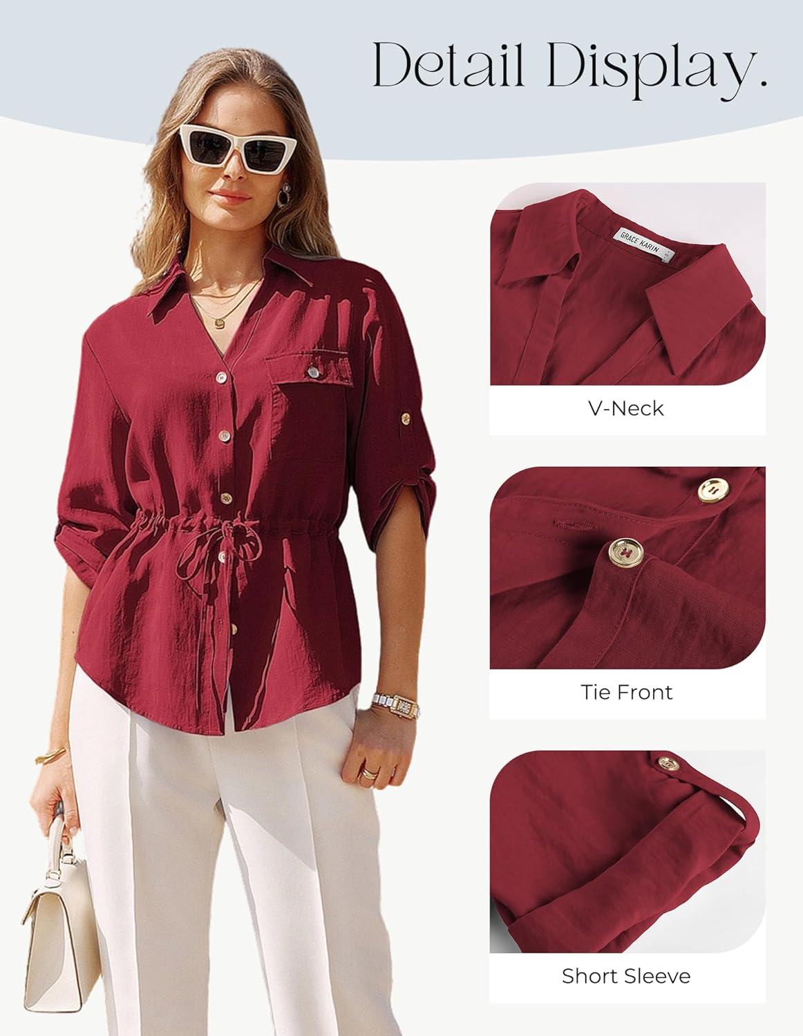imageGRACE KARIN Womens Button Down Dressy Shirts 34 Sleeve Stylish Collared Office Work Tops with PocketWine Red