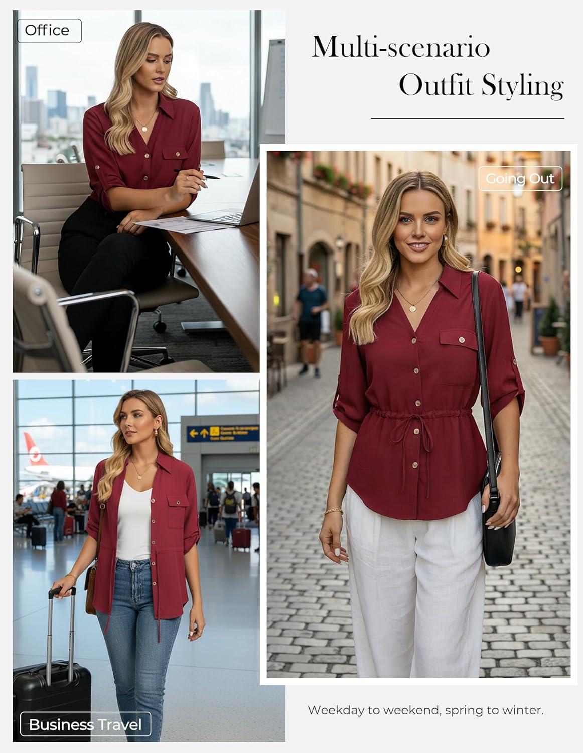 imageGRACE KARIN Womens Button Down Dressy Shirts 34 Sleeve Stylish Collared Office Work Tops with PocketWine Red