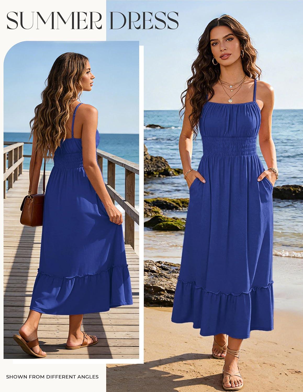 imageGRACE KARIN Womens Summer Maxi Dress 2026Smocked Ruched Bust Sundress with Adjustable Straps amp PocketsBeach Vacation DressRoyal Blue