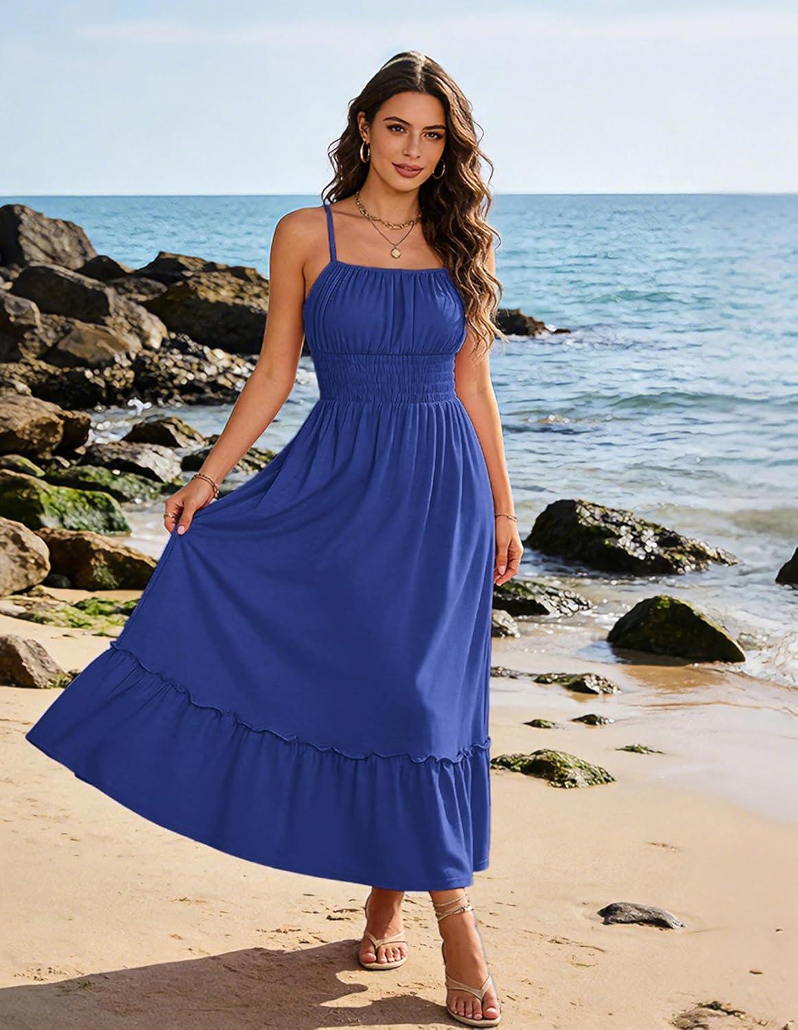 imageGRACE KARIN Womens Summer Maxi Dress 2026Smocked Ruched Bust Sundress with Adjustable Straps amp PocketsBeach Vacation DressRoyal Blue