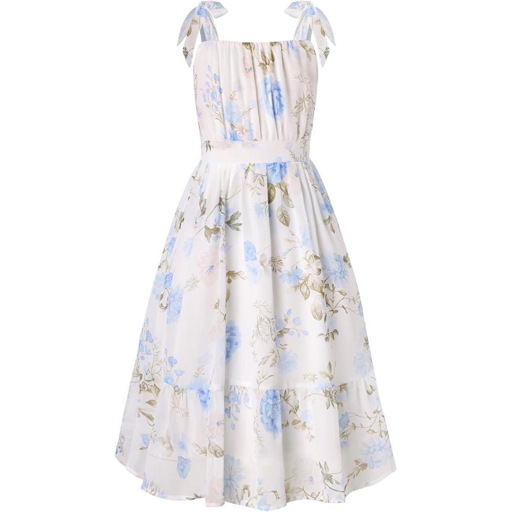 imageGRACE KARIN Girls Floral Chiffon Dress Summer Hawaiian Beach Vacation Party Wedding Birthday Sleeveless ALine 714YApricot Blue Floral