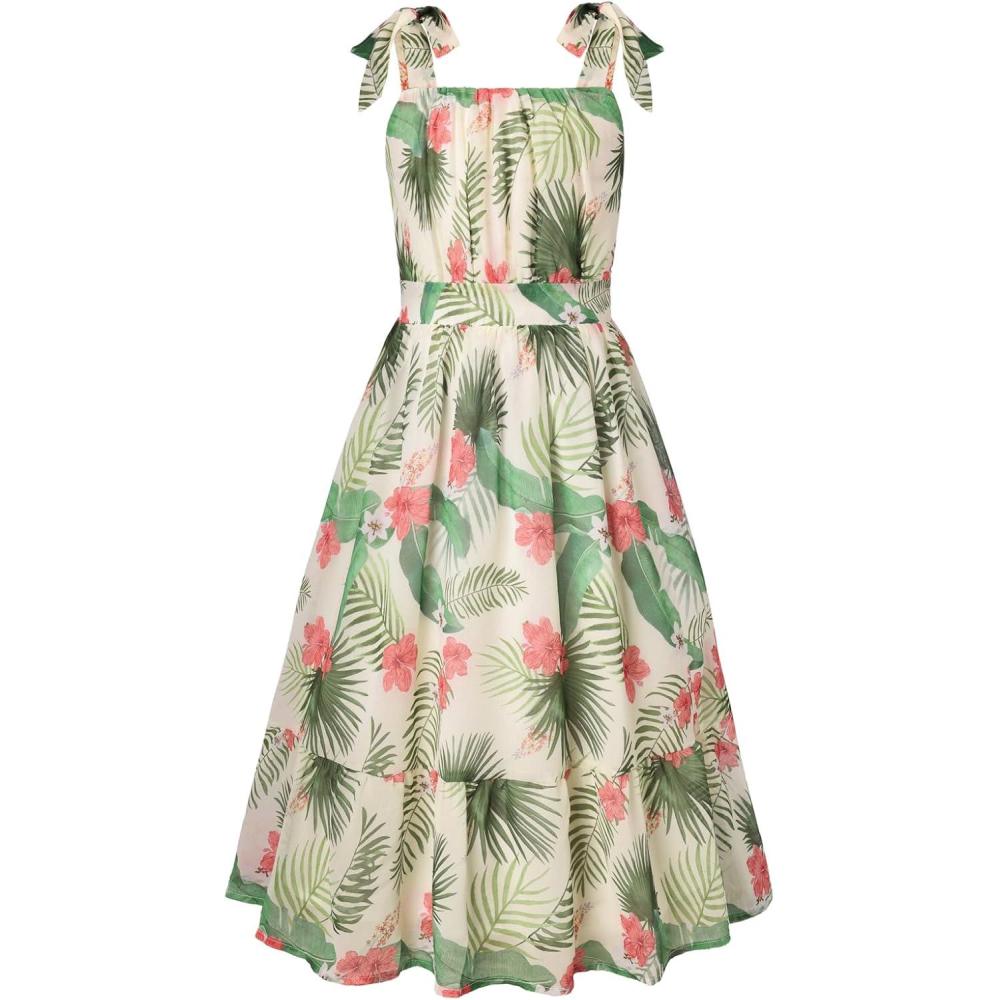 imageGRACE KARIN Girls Floral Chiffon Dress Summer Hawaiian Beach Vacation Party Wedding Birthday Sleeveless ALine 714YGreen Leaf Floral