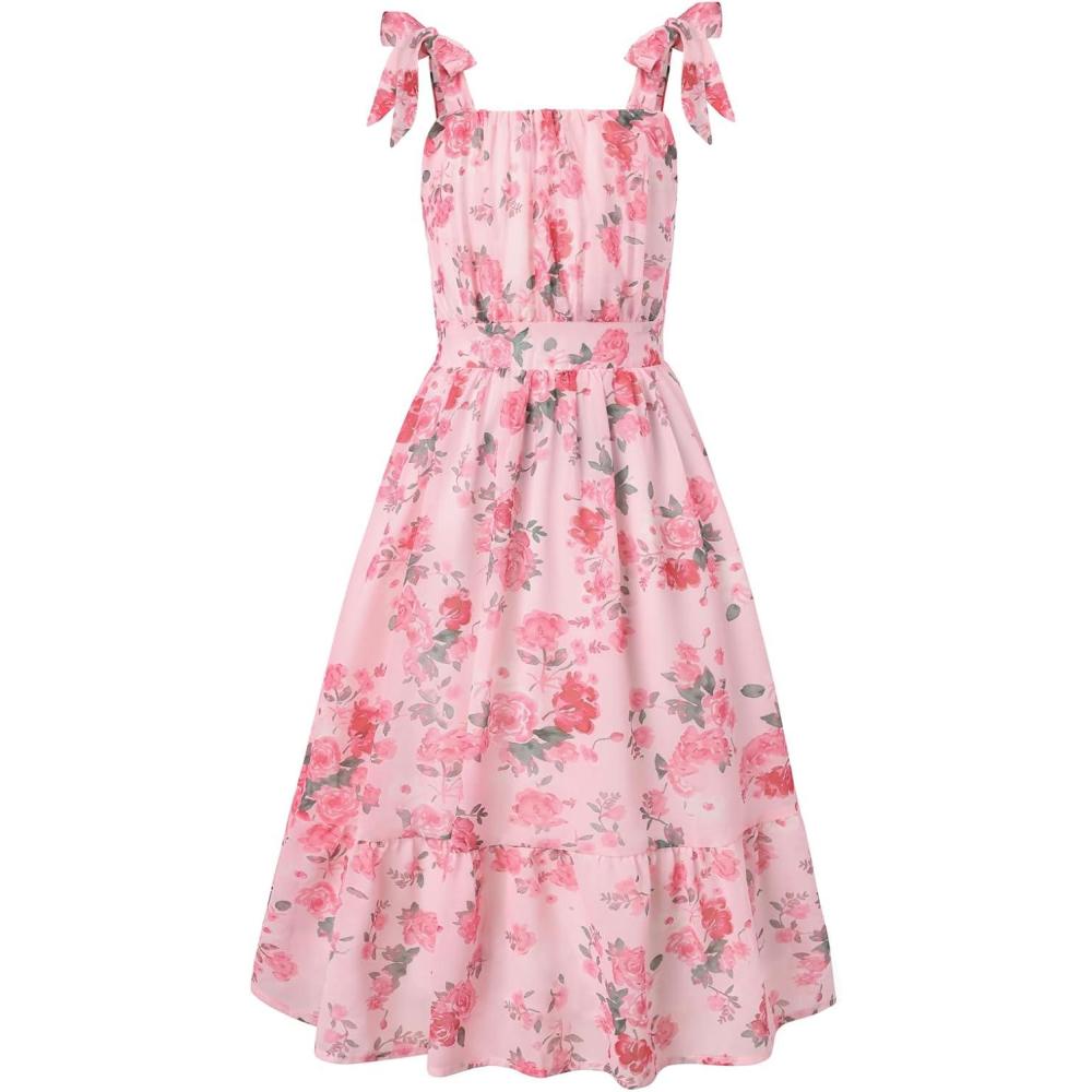 imageGRACE KARIN Girls Floral Chiffon Dress Summer Hawaiian Beach Vacation Party Wedding Birthday Sleeveless ALine 714YPink Floral Green Leaf