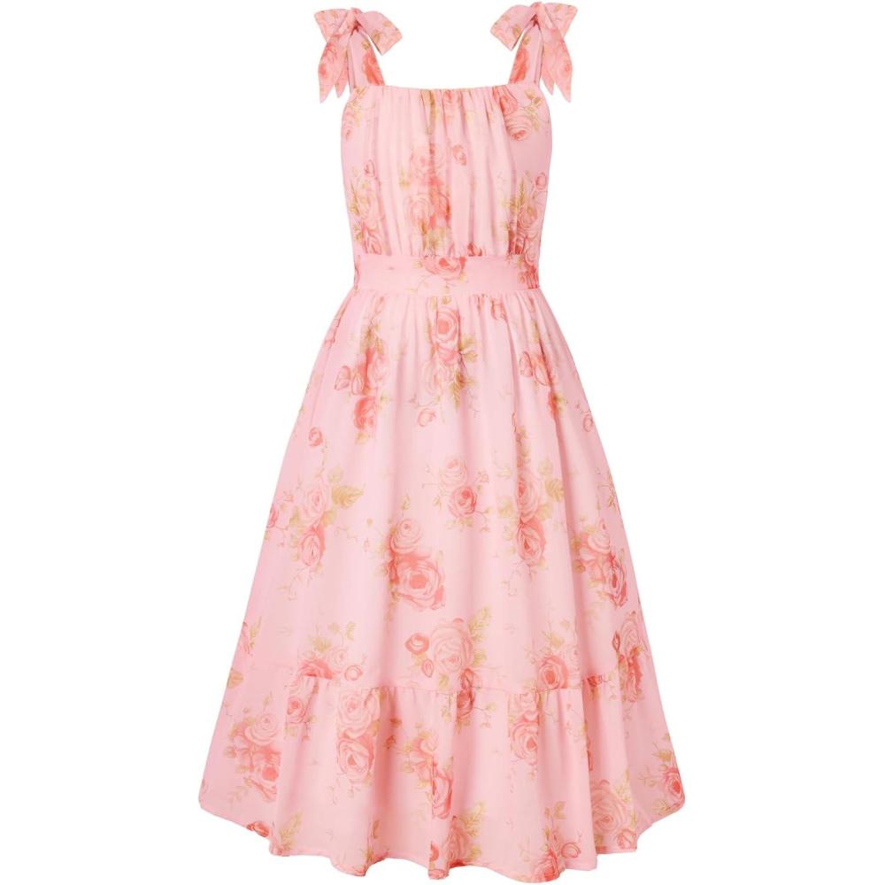 imageGRACE KARIN Girls Floral Chiffon Dress Summer Hawaiian Beach Vacation Party Wedding Birthday Sleeveless ALine 714YPink Floral Yellow Leaf