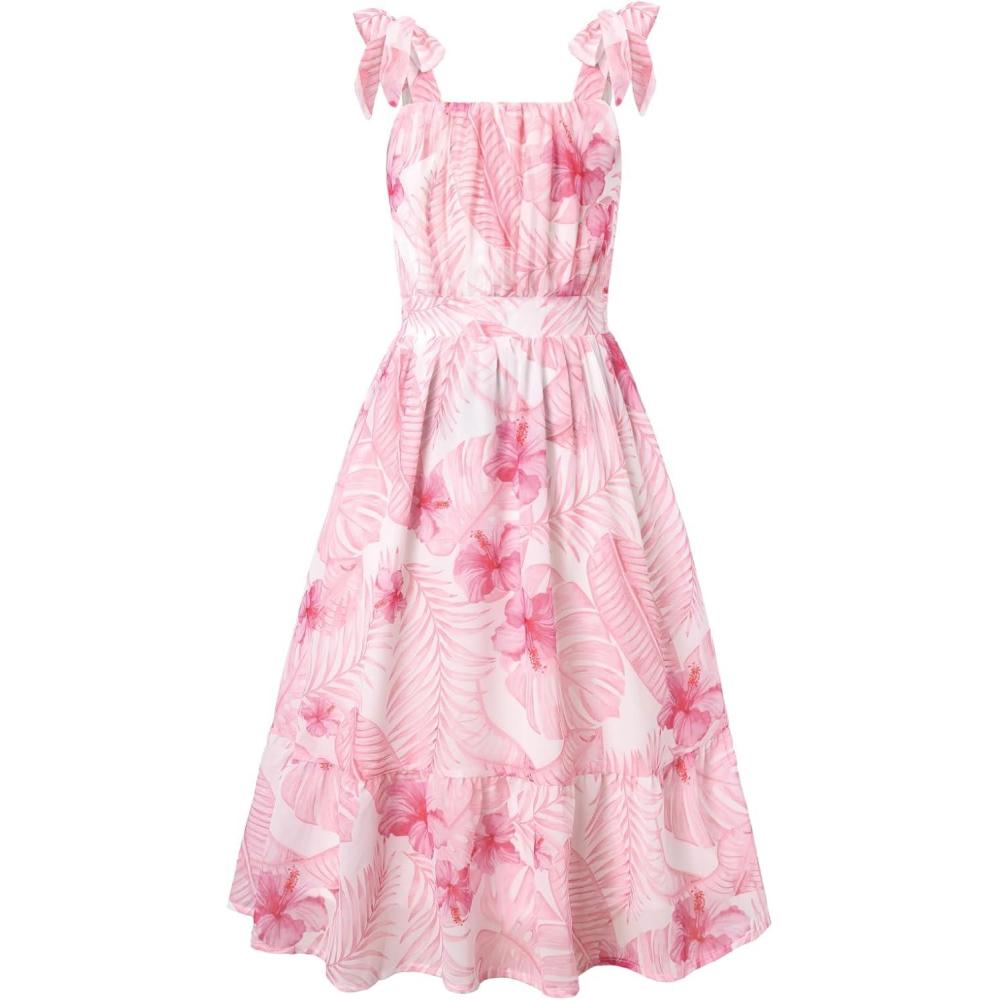 imageGRACE KARIN Girls Floral Chiffon Dress Summer Hawaiian Beach Vacation Party Wedding Birthday Sleeveless ALine 714YPink Leaf Floral