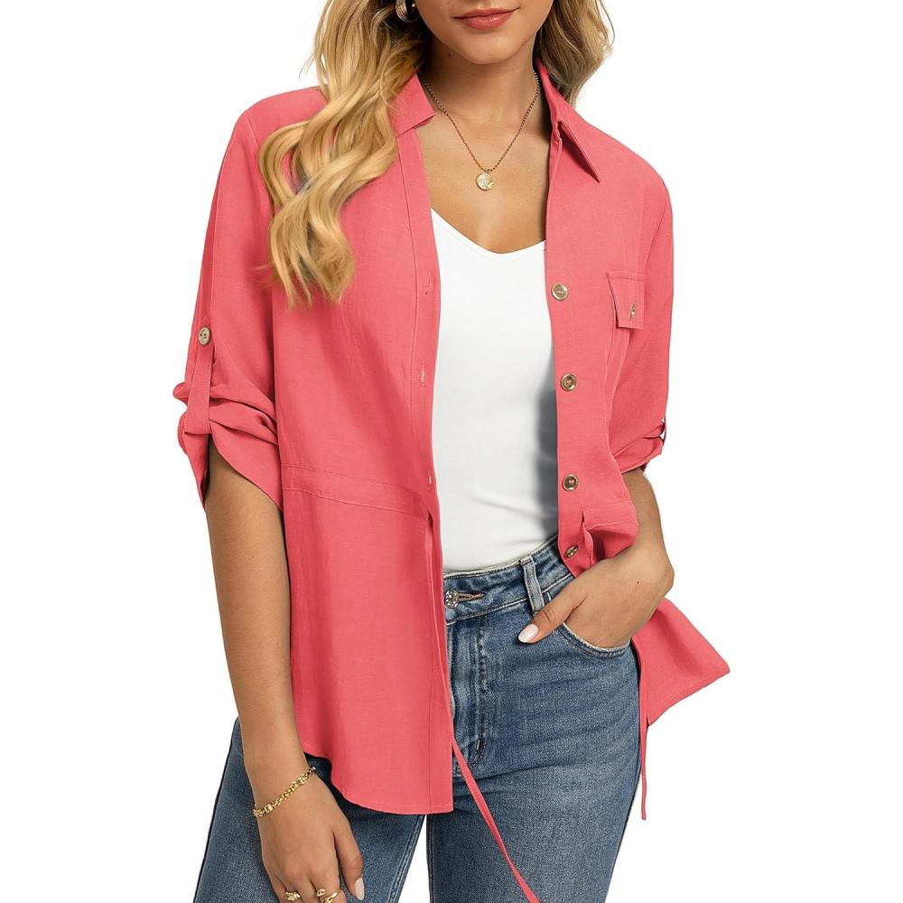 imageGRACE KARIN Womens Button Down Dressy Shirts 34 Sleeve Stylish Collared Office Work Tops with PocketCoral Powder