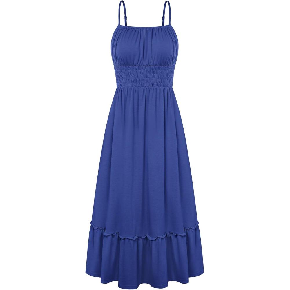 imageGRACE KARIN Womens Summer Maxi Dress 2026Smocked Ruched Bust Sundress with Adjustable Straps amp PocketsBeach Vacation DressRoyal Blue