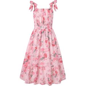 GRACE KARIN Girls Floral Chiffon Dress Summer Hawaiian Beach Vacation Party Wedding Birthday Sleeveless A-Line 7-14Y(Pink Floral Green Leaf)