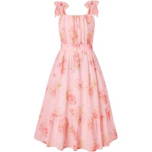 GRACE KARIN Girls Floral Chiffon Dress Summer Hawaiian Beach Vacation Party Wedding Birthday Sleeveless A-Line 7-14Y(Pink Floral Yellow Leaf)