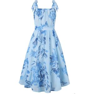 GRACE KARIN Girls Floral Chiffon Dress Summer Hawaiian Beach Vacation Party Wedding Birthday Sleeveless A-Line 7-14Y(Powder Blue Navy Floral)