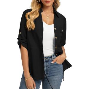 GRACE KARIN Womens Button Down Dressy Shirts, 3/4 Sleeve Stylish Collared Office Work Tops with Pocket(Black)