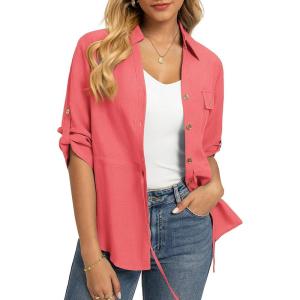 GRACE KARIN Womens Button Down Dressy Shirts, 3/4 Sleeve Stylish Collared Office Work Tops with Pocket(Coral Powder)