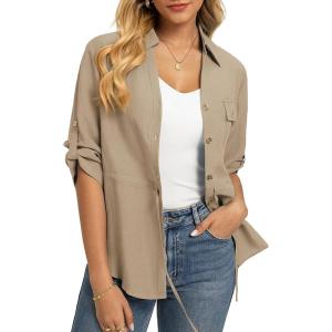 GRACE KARIN Womens Button Down Dressy Shirts, 3/4 Sleeve Stylish Collared Office Work Tops with Pocket(Khaki)