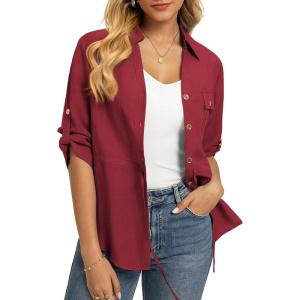 GRACE KARIN Womens Button Down Dressy Shirts, 3/4 Sleeve Stylish Collared Office Work Tops with Pocket(Wine Red)