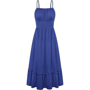 GRACE KARIN Women’s Summer Maxi Dress 2026,Smocked Ruched Bust Sundress with Adjustable Straps & Pockets-Beach Vacation Dress(Royal Blue)