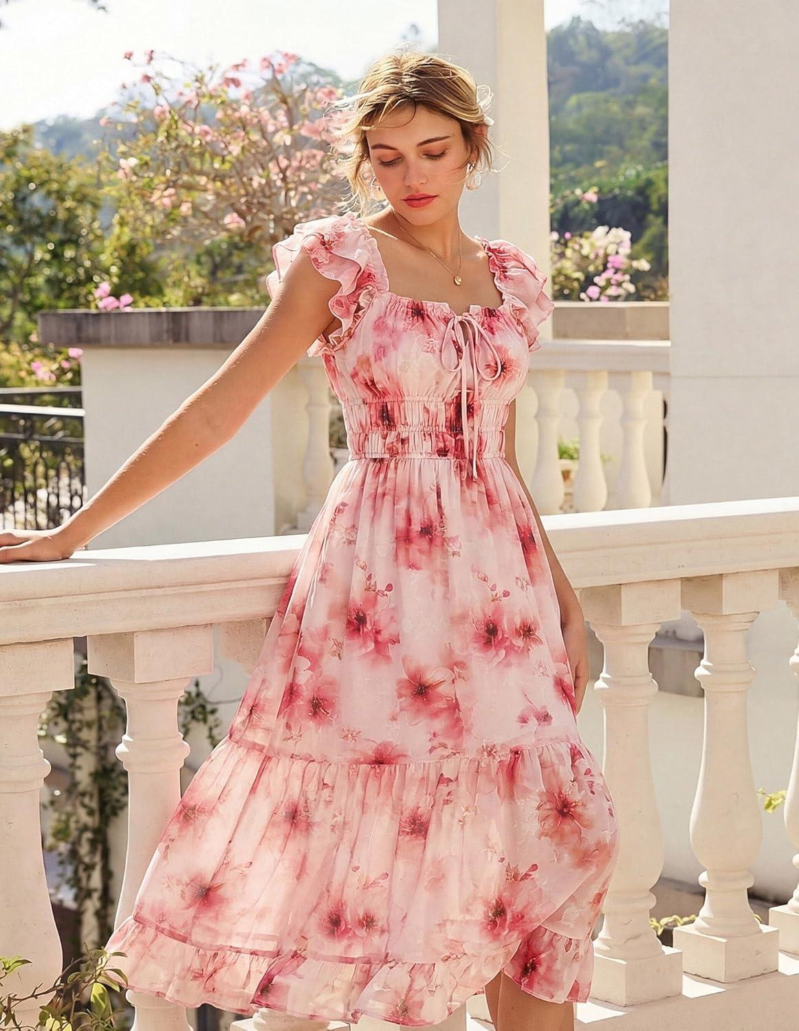 imageGRACE KARIN 2026 Womens Spring Floral Midi Dress Square Neck Beach Wedding Guest Dresses Flowy A Line Casual Summer ClothesRed Floral