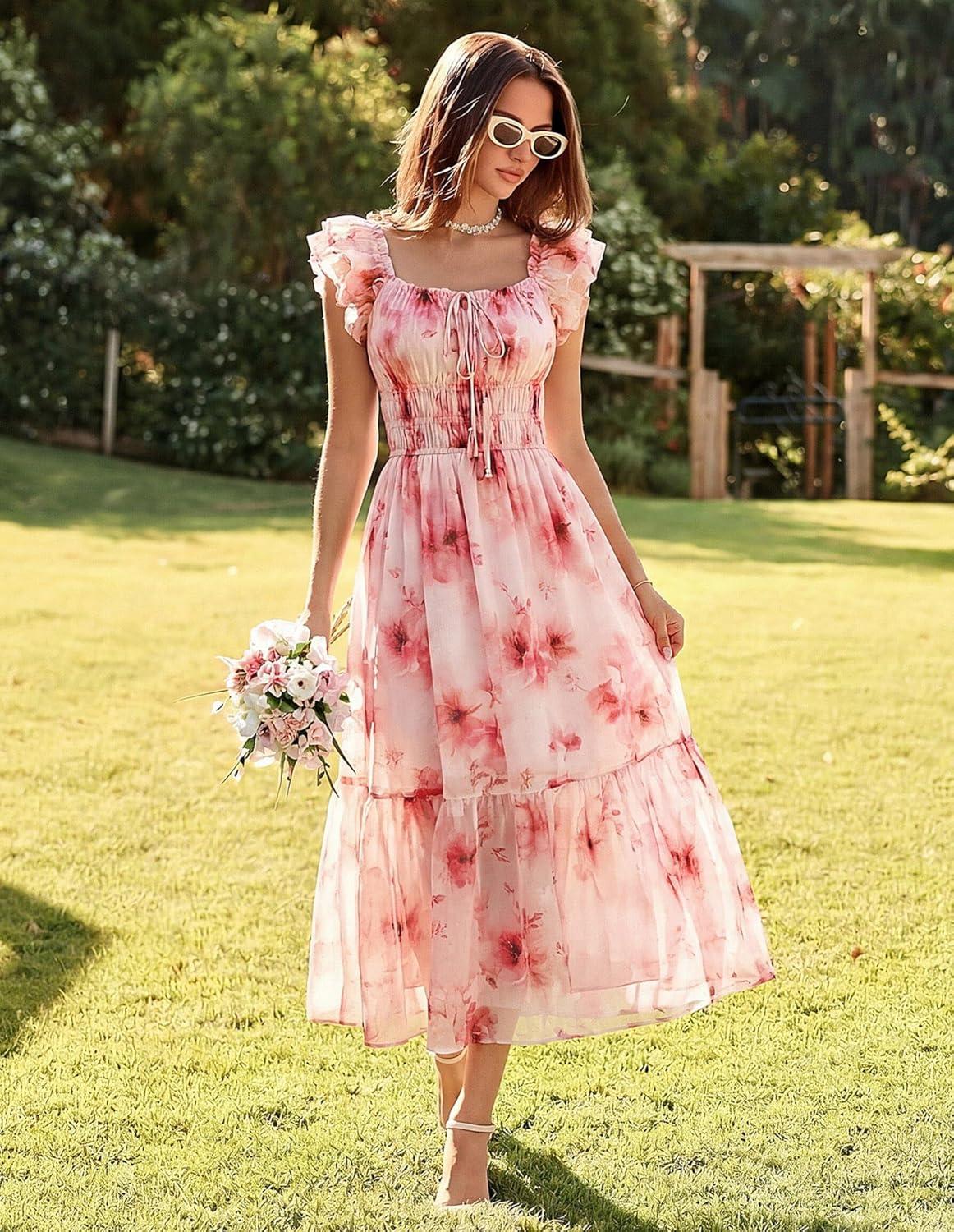 imageGRACE KARIN 2026 Womens Spring Floral Midi Dress Square Neck Beach Wedding Guest Dresses Flowy A Line Casual Summer ClothesRed Floral