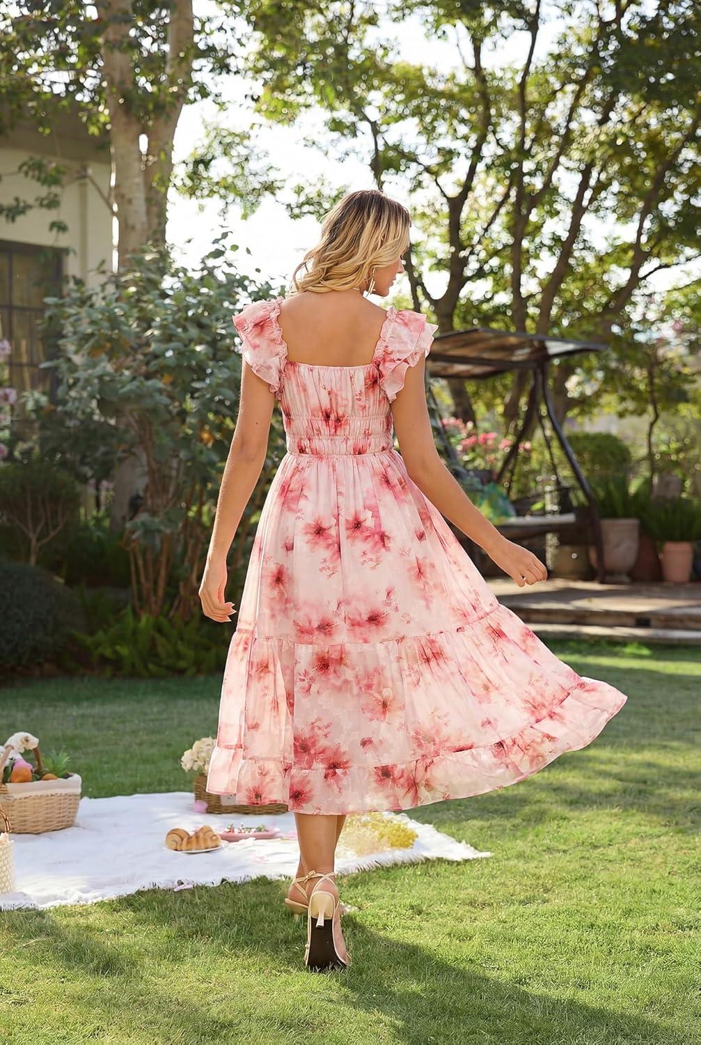 imageGRACE KARIN 2026 Womens Spring Floral Midi Dress Square Neck Beach Wedding Guest Dresses Flowy A Line Casual Summer ClothesRed Floral
