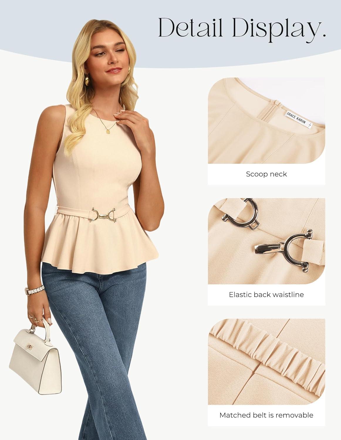 imageGRACE KARIN Peplum Tops for Women Work Business Casual Dressy Blouses ShirtsSleeveless Office Outfits with Tie Belt 2026Apricot