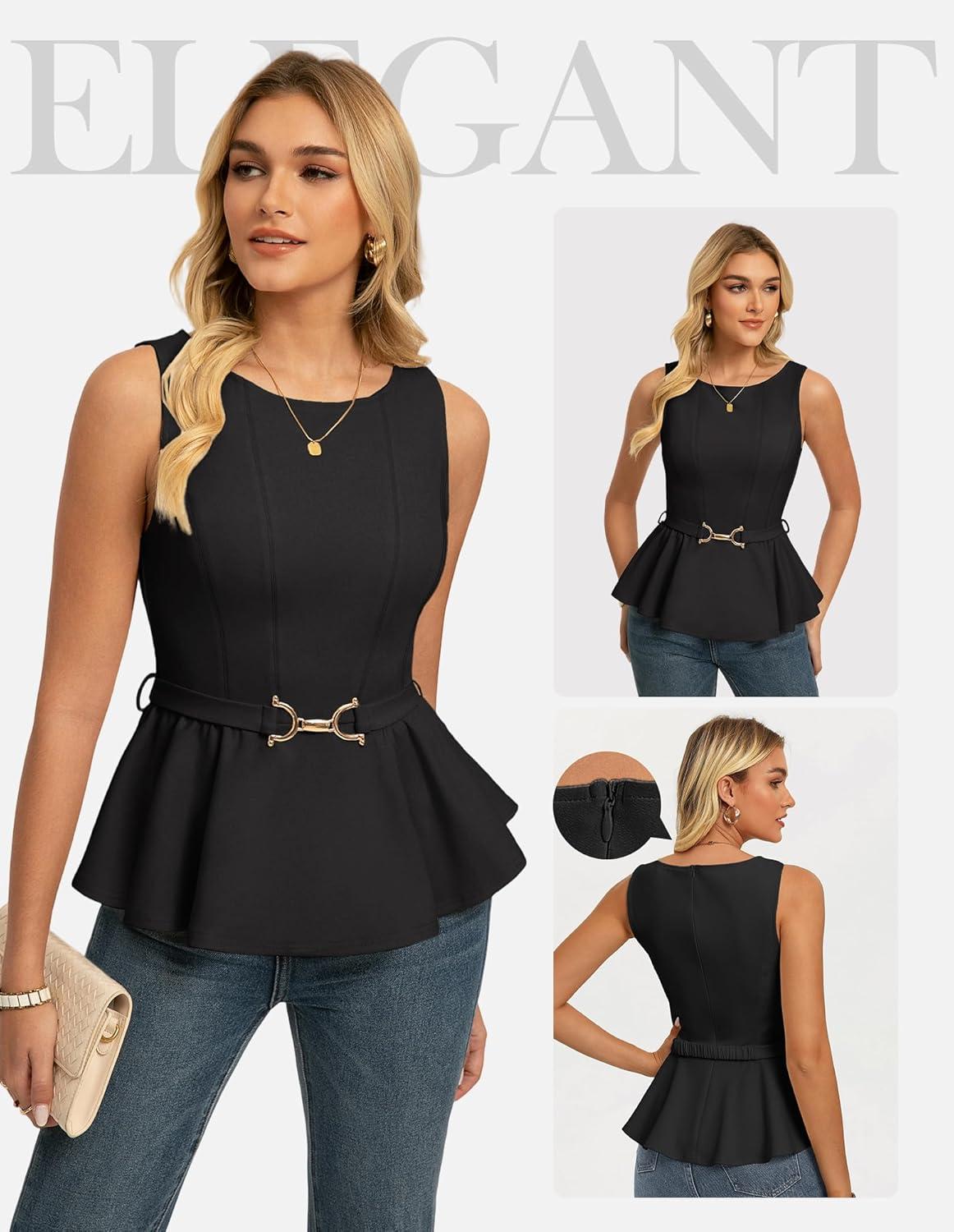 imageGRACE KARIN Peplum Tops for Women Work Business Casual Dressy Blouses ShirtsSleeveless Office Outfits with Tie Belt 2026Black