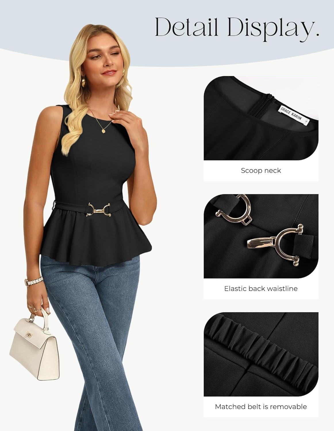 imageGRACE KARIN Peplum Tops for Women Work Business Casual Dressy Blouses ShirtsSleeveless Office Outfits with Tie Belt 2026Black