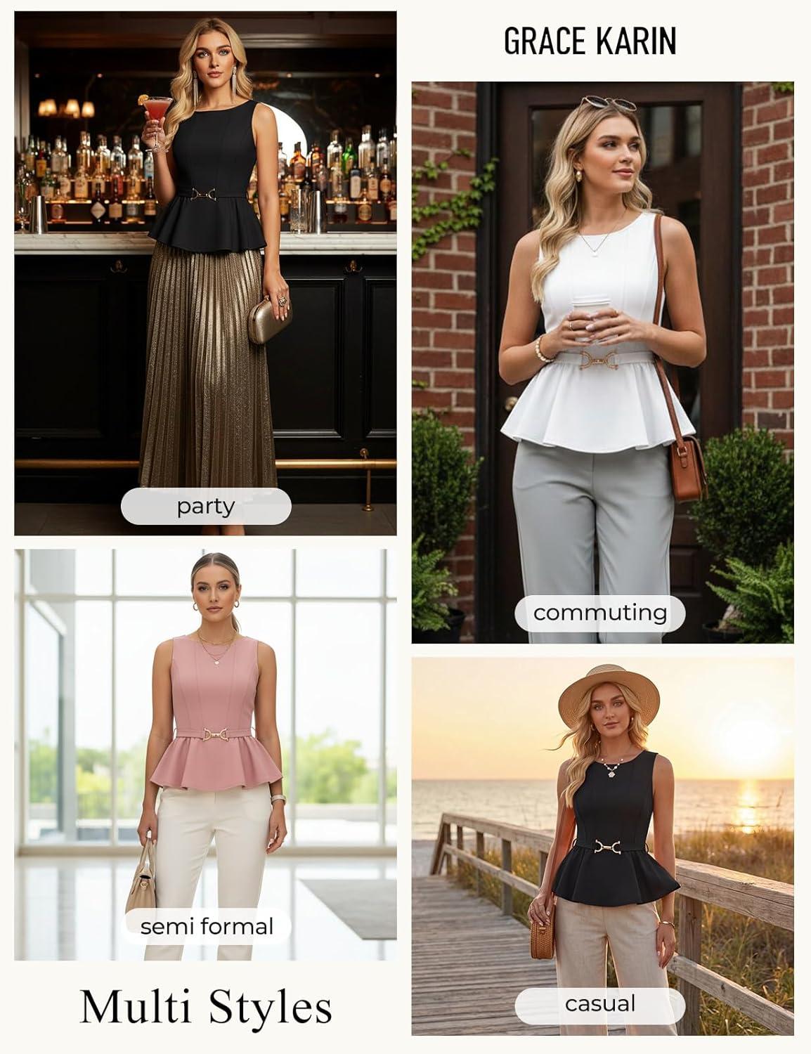 imageGRACE KARIN Peplum Tops for Women Work Business Casual Dressy Blouses ShirtsSleeveless Office Outfits with Tie Belt 2026Black