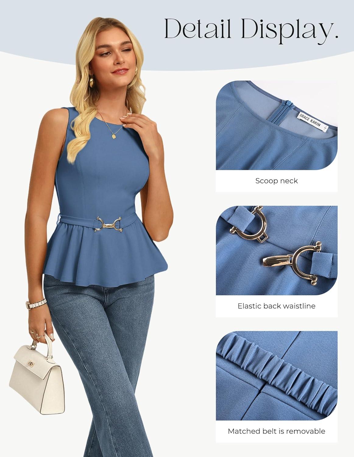 imageGRACE KARIN Peplum Tops for Women Work Business Casual Dressy Blouses ShirtsSleeveless Office Outfits with Tie Belt 2026Blue