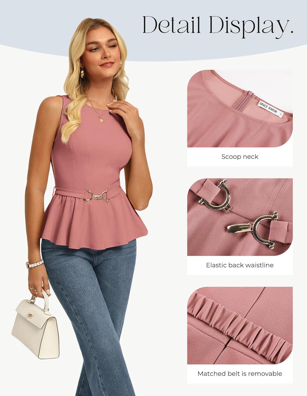 imageGRACE KARIN Peplum Tops for Women Work Business Casual Dressy Blouses ShirtsSleeveless Office Outfits with Tie Belt 2026Pink