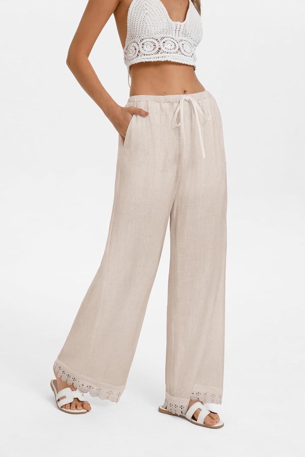 imageGRACE KARIN Women Linen Pants Wide Leg Casual Palazzo Pants Flowy Beach Summer Trousers Pants with PocketsLihgt Khaki