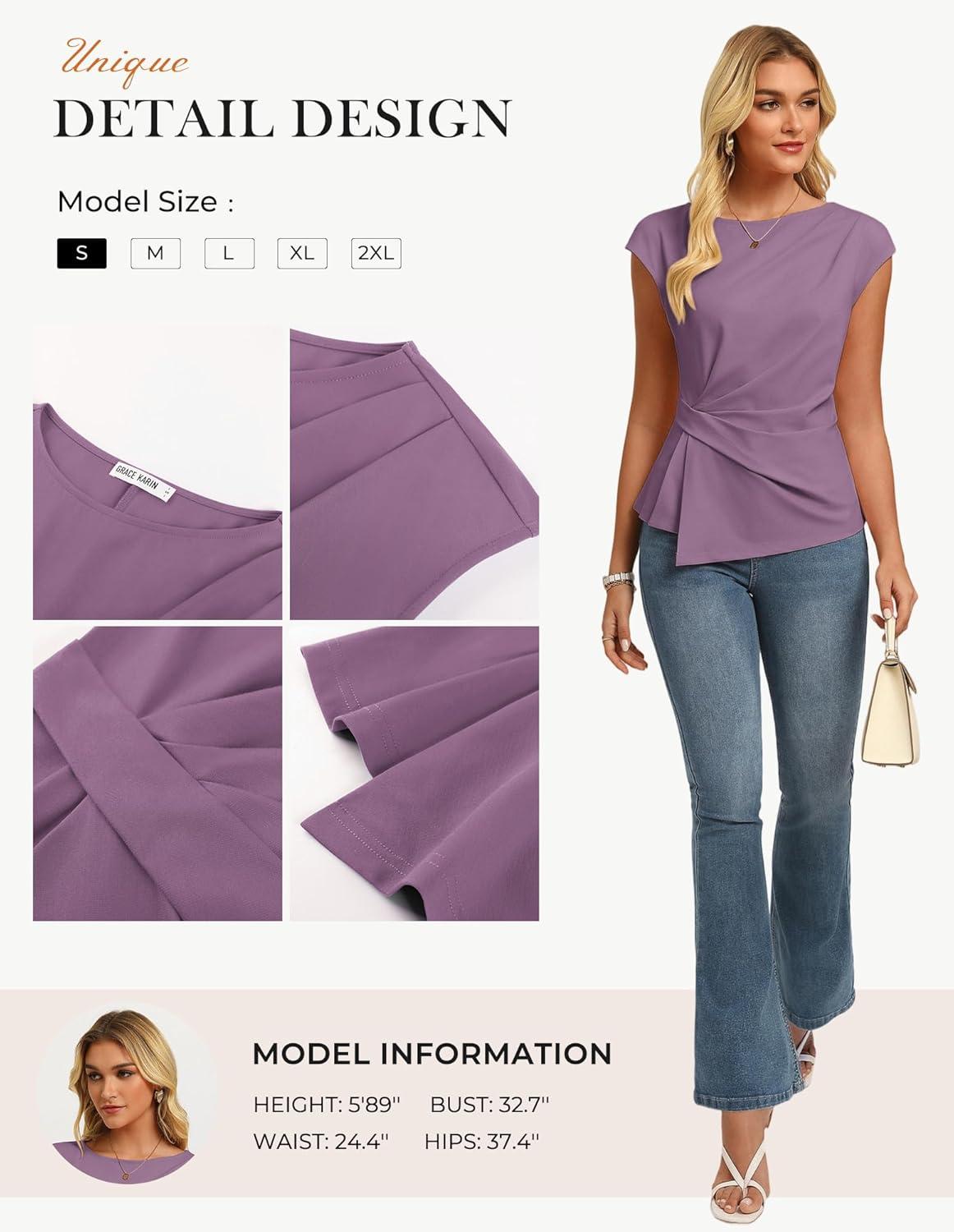 imageGRACE KARIN Womens 2026 Spring Short Sleeve Tops Dressy Casual Peplum Shirts Outfit Tunic Blouses Trendy Fashion ClothesPurple