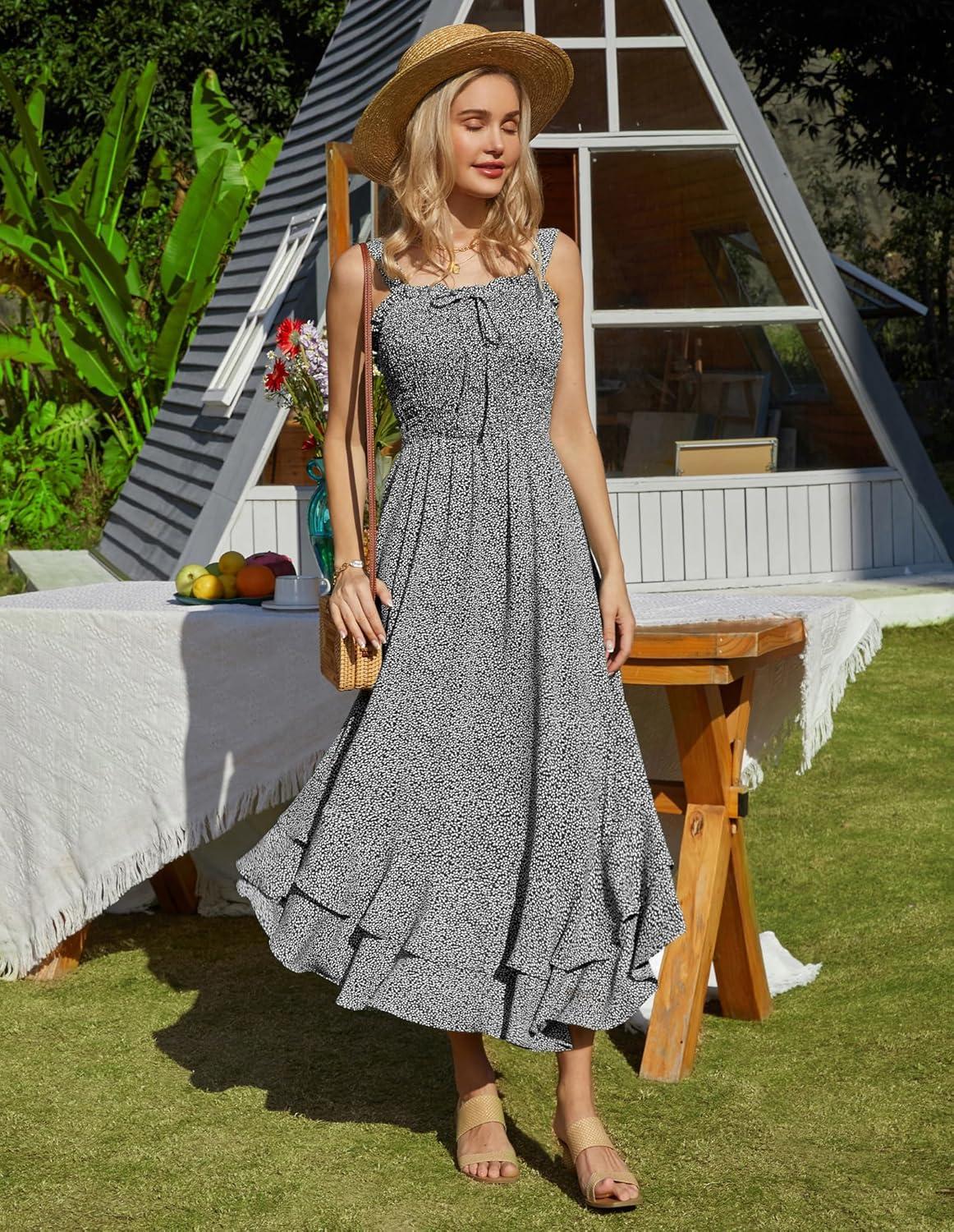imageGRACE KARIN Womens 2026 Summer Floral Boho Dress Square Neck Strapped Swing A Line Sundress Beach Long Maxi OutfitsBlack