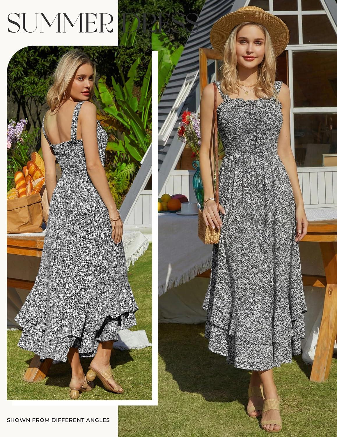 imageGRACE KARIN Womens 2026 Summer Floral Boho Dress Square Neck Strapped Swing A Line Sundress Beach Long Maxi OutfitsBlack
