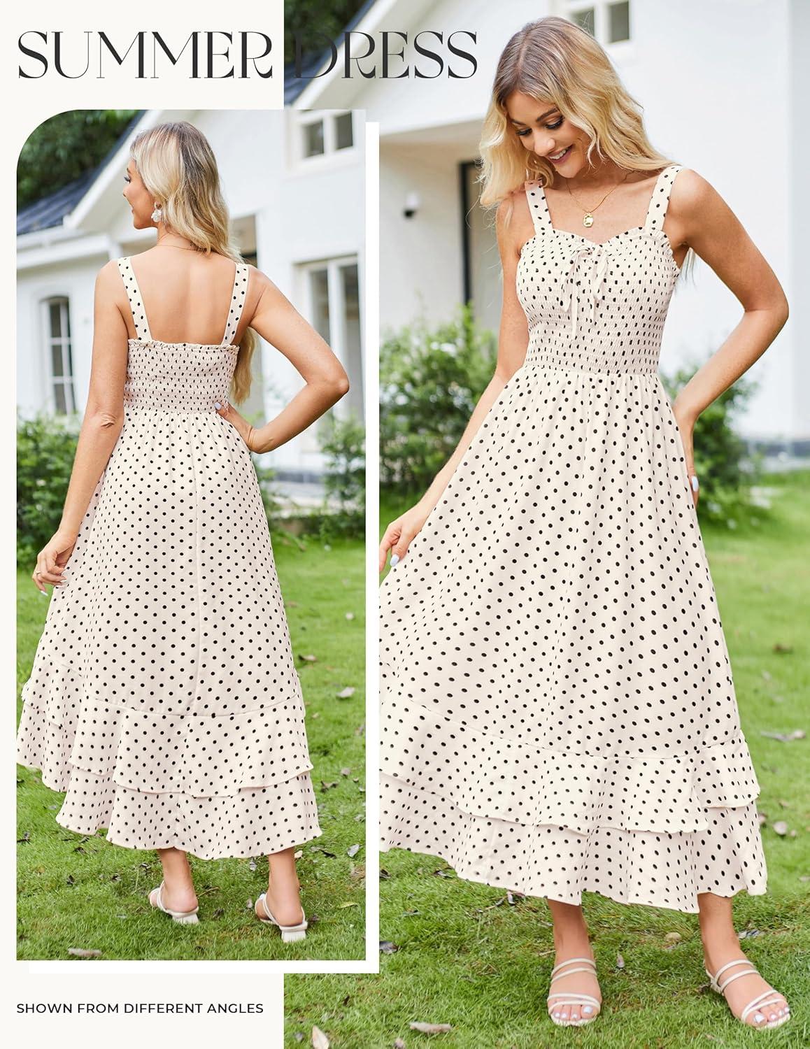 imageGRACE KARIN Womens 2026 Summer Floral Boho Dress Square Neck Strapped Swing A Line Sundress Beach Long Maxi OutfitsBlack Dot