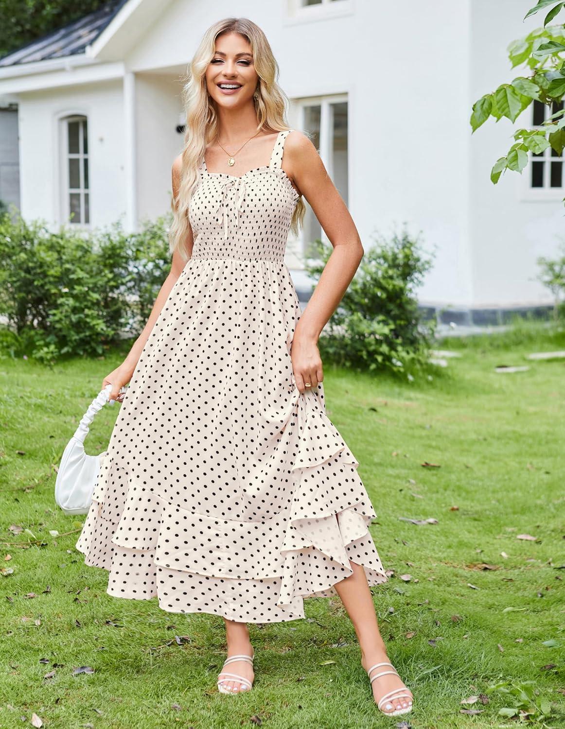 imageGRACE KARIN Womens 2026 Summer Floral Boho Dress Square Neck Strapped Swing A Line Sundress Beach Long Maxi OutfitsBlack Dot