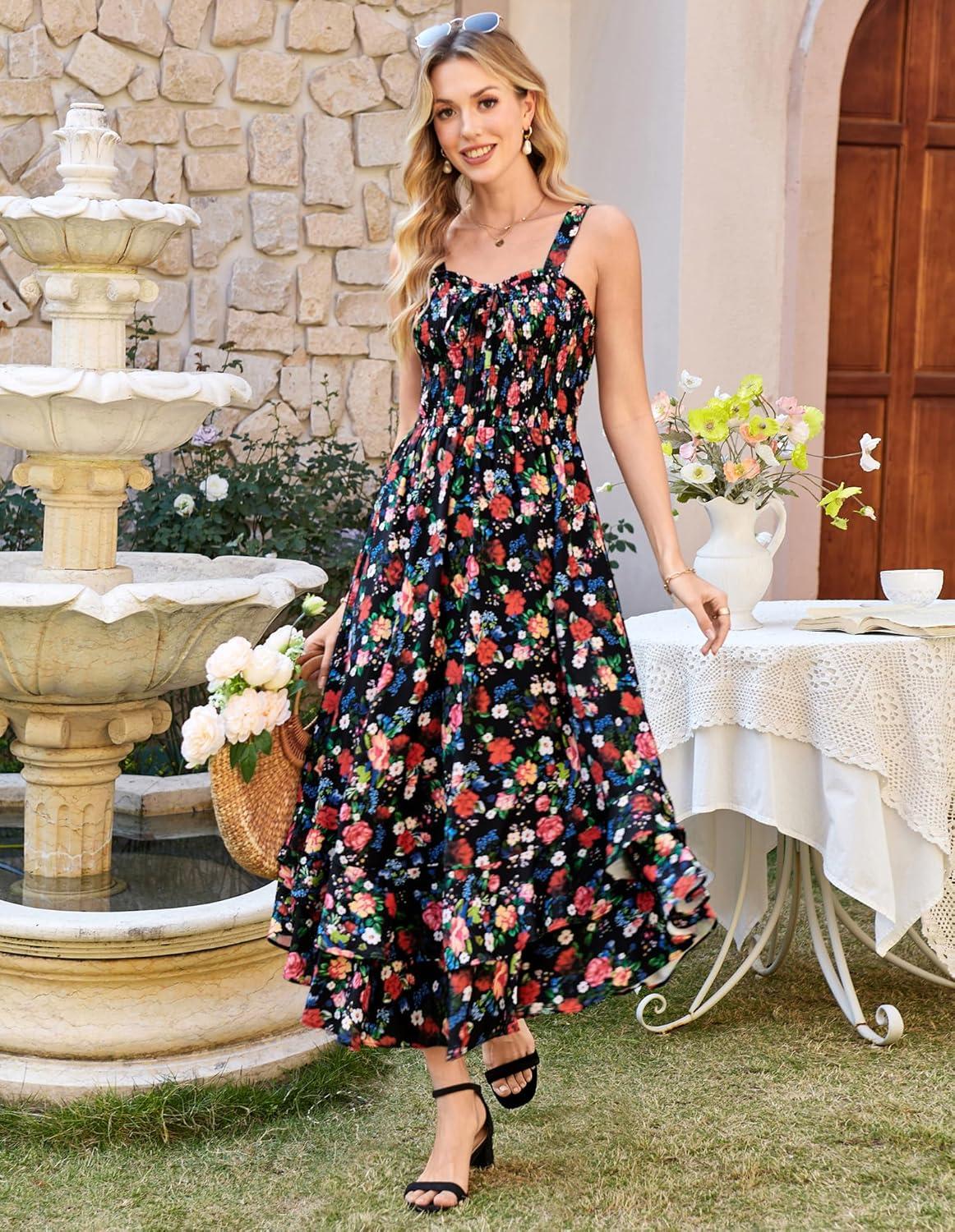 imageGRACE KARIN Womens 2026 Summer Floral Boho Dress Square Neck Strapped Swing A Line Sundress Beach Long Maxi OutfitsBlack Floral