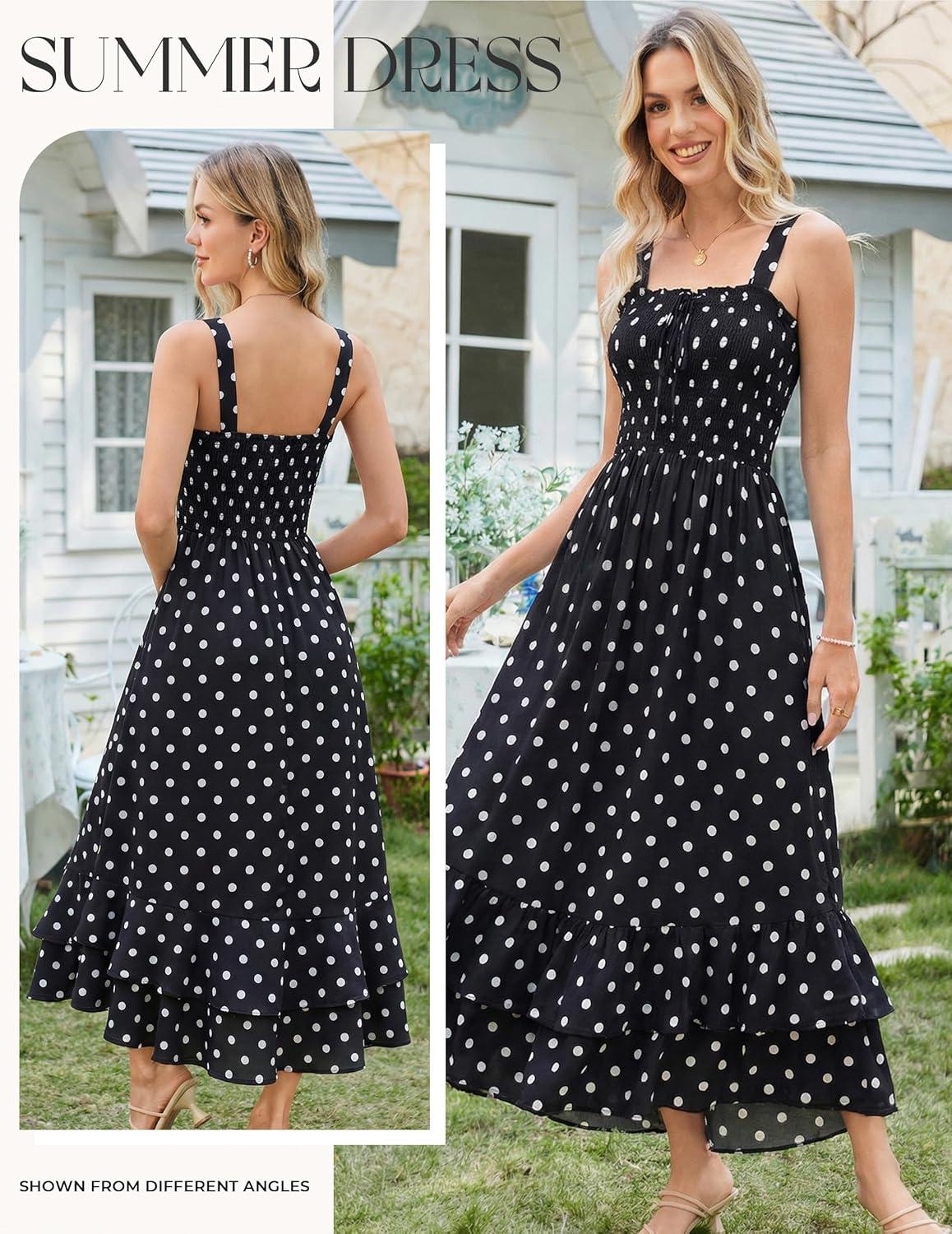 imageGRACE KARIN Womens 2026 Summer Floral Boho Dress Square Neck Strapped Swing A Line Sundress Beach Long Maxi OutfitsBlack White Dots