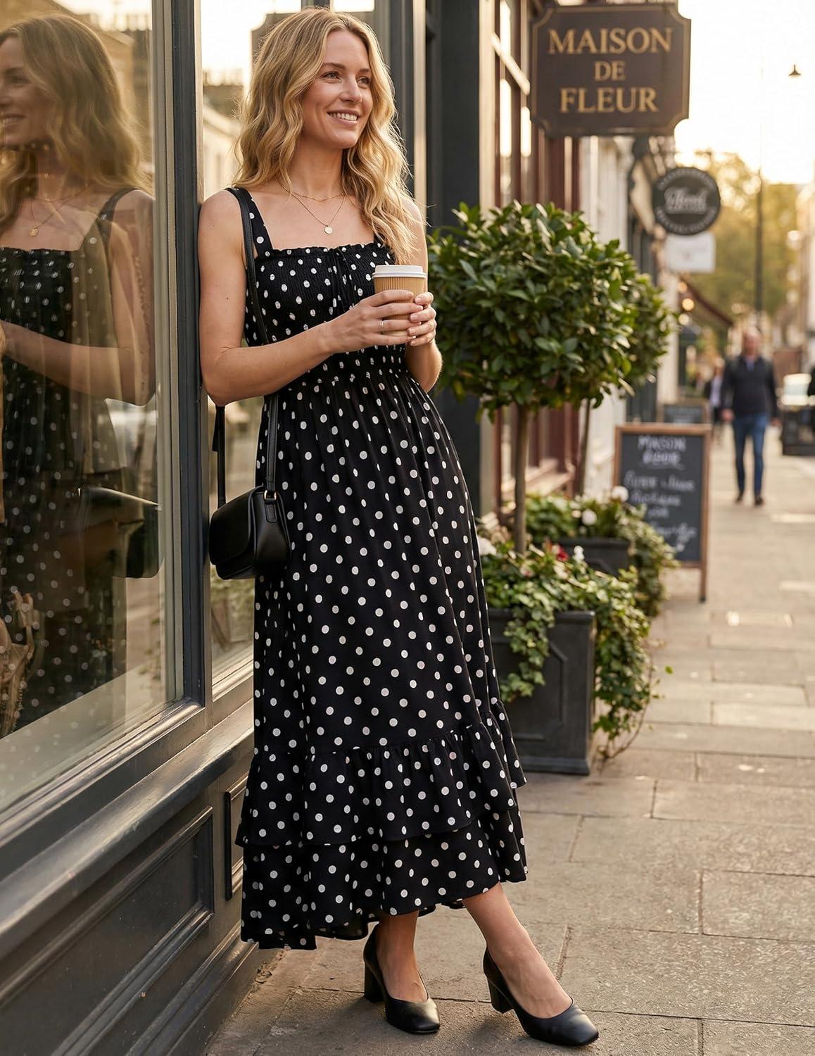 imageGRACE KARIN Womens 2026 Summer Floral Boho Dress Square Neck Strapped Swing A Line Sundress Beach Long Maxi OutfitsBlack White Dots