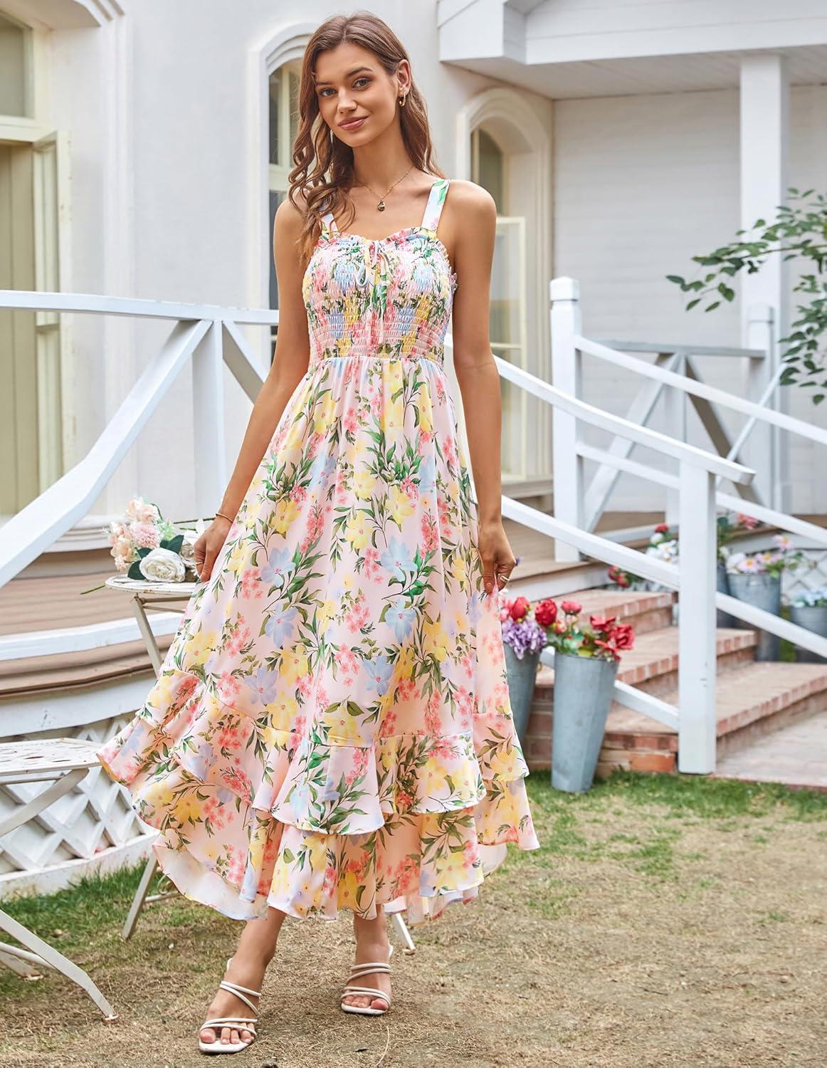 imageGRACE KARIN Womens 2026 Summer Floral Boho Dress Square Neck Strapped Swing A Line Sundress Beach Long Maxi OutfitsBlue Yellow