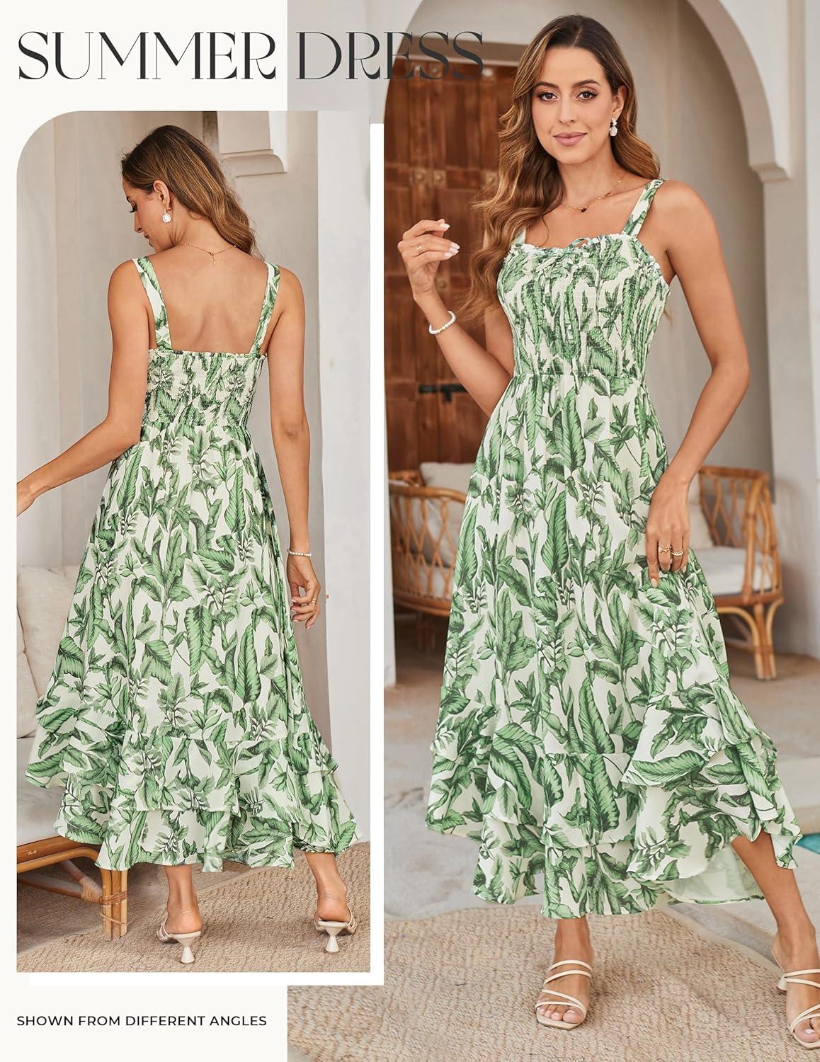 imageGRACE KARIN Womens 2026 Summer Floral Boho Dress Square Neck Strapped Swing A Line Sundress Beach Long Maxi OutfitsGreen Leaf