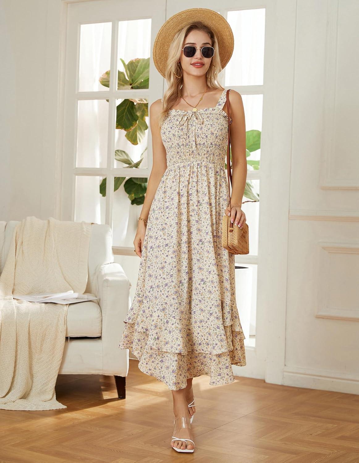 imageGRACE KARIN Womens 2026 Summer Floral Boho Dress Square Neck Strapped Swing A Line Sundress Beach Long Maxi OutfitsLight Yellow