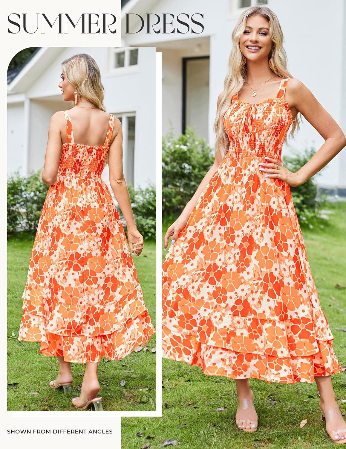 imageGRACE KARIN Womens 2026 Summer Floral Boho Dress Square Neck Strapped Swing A Line Sundress Beach Long Maxi OutfitsOrange